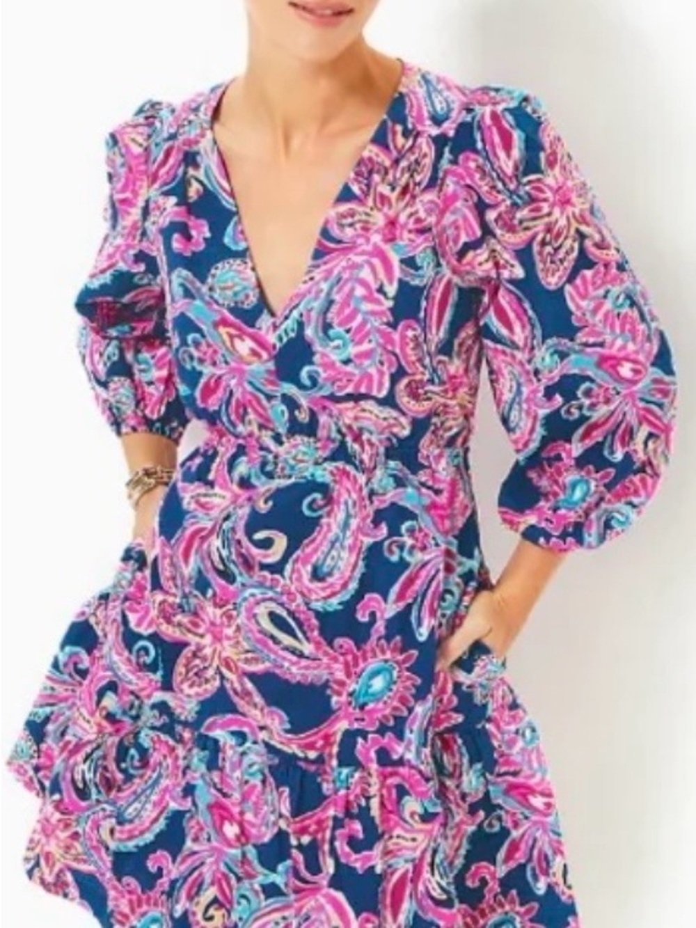 Lilly Pulitzer Navy with Pink Paisley V-Neck Tiered Dress